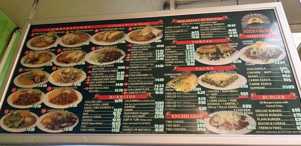 Printed menu showing burritos, tacos, and enchiladas.